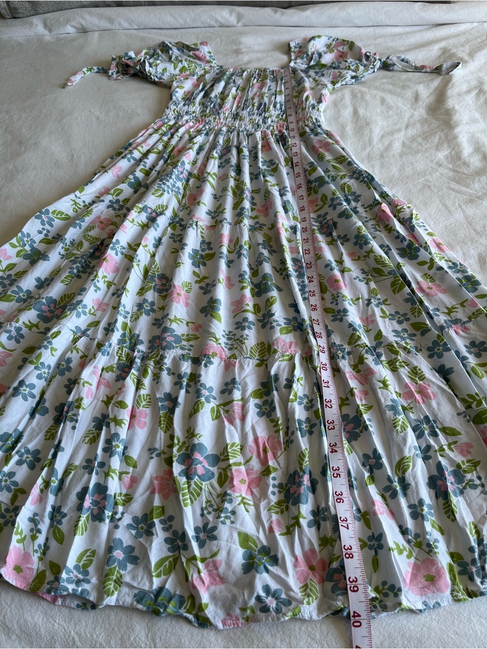 Boho Floral Puff Sleeve Milkmaid Midi Dress Smocked Waist S Romantic Coquette - Picture 7 of 14